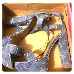Denim platform open-toe heels